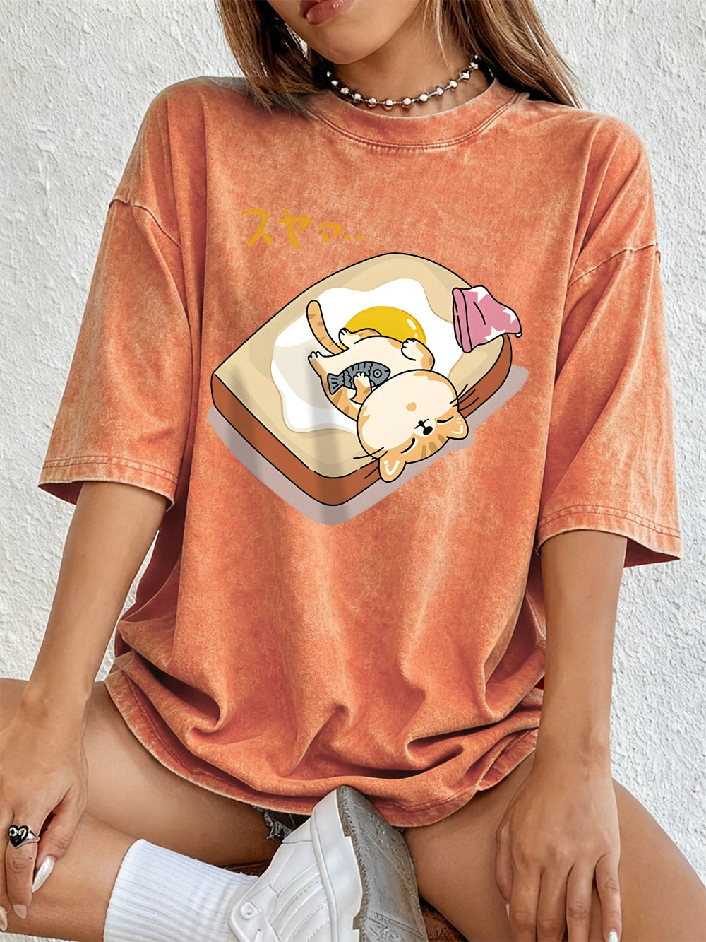 A Cat Sleeping Cotton Washed T-Shirts Womens Summer Oversized Tops Comfortable Distressed O-Neck T Shirt Casual Woman Clothes