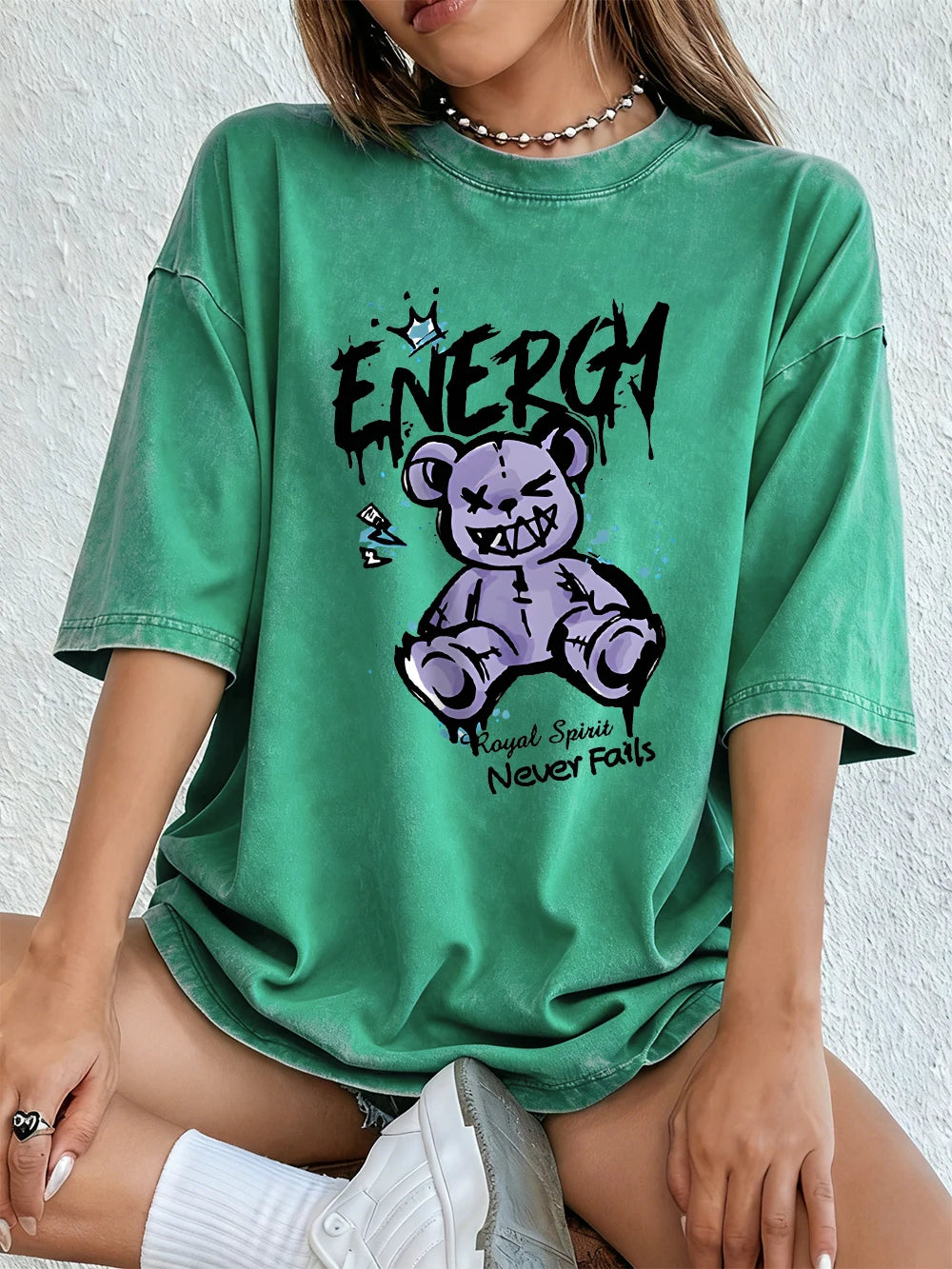 Energy Cute Bear Cotton Washed T-Shirt Womens