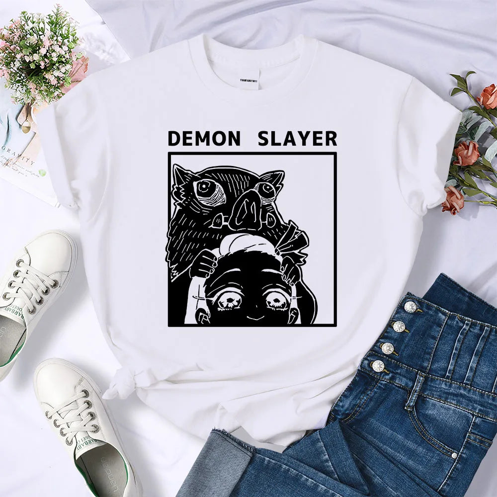 Demon Slayer Kamado Nezuko And Hashibira Inosuke T-Shirts Women Loose New Clothes Harajuku Street Tee Personality O-Neck T Shirt