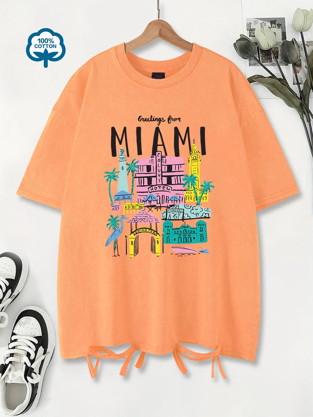 100% Cotton Washed T-Shirt Women Oversized Greetings From Miami Prints T Shirt O-Neck Distressed Holes Tops Summer Woman Clothes