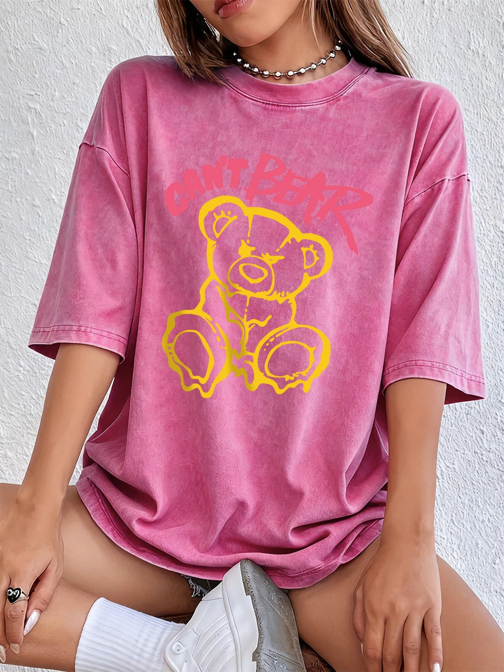 Can'T Bear Cartoons Printing Washed T-Shirts Womens Cotton