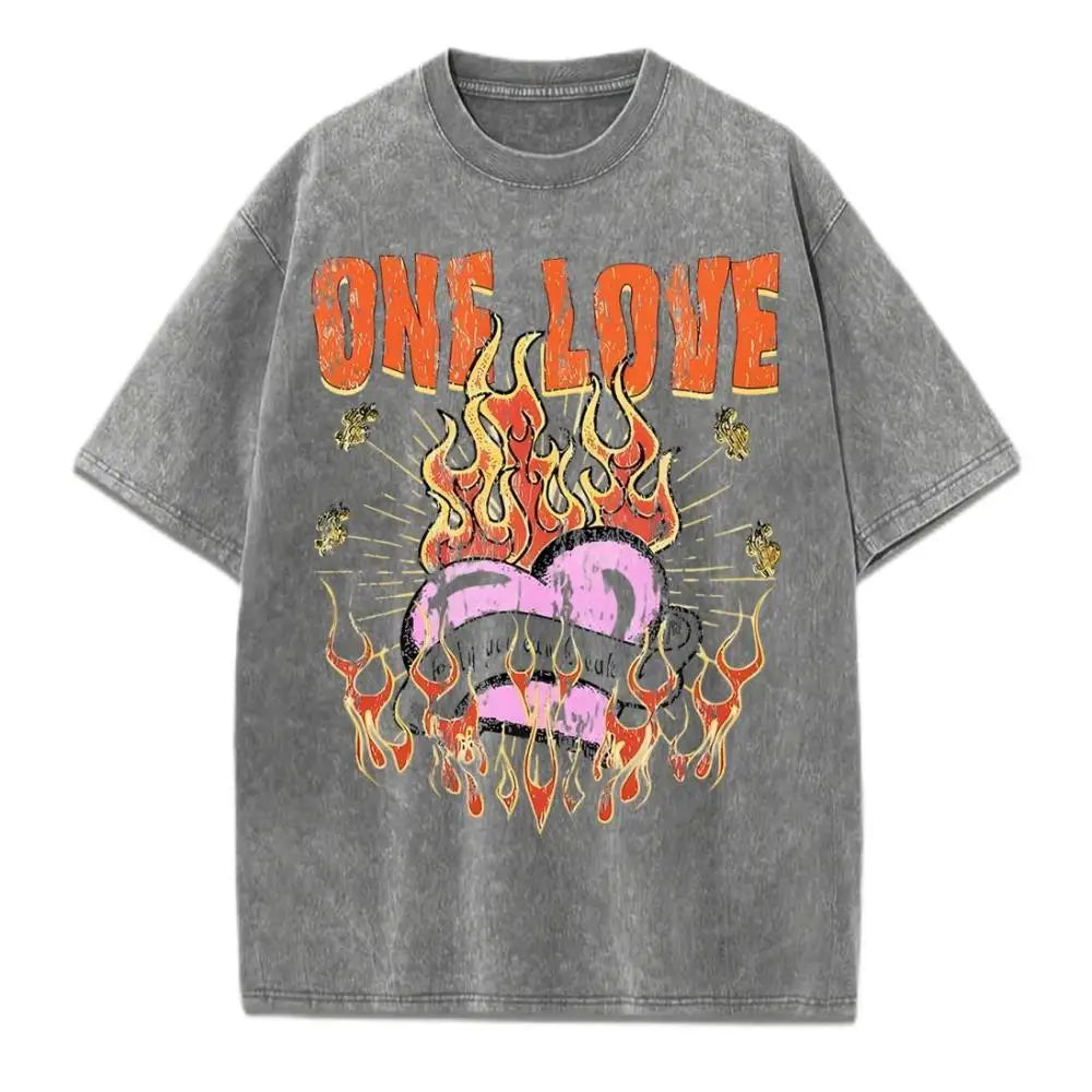 One Love Printing Washed T-Shirt Womens Hip Hop Cotton T Shirts Crewneck Oversized Acid Wash Tops Summer Casual Womans Clothes