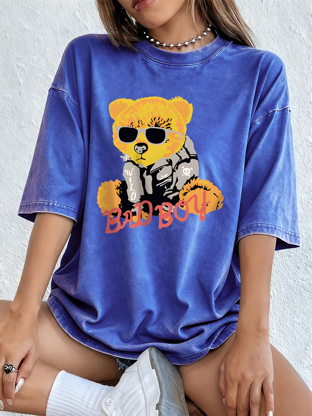 A Teddy Bear Wearing Glasses Washed T-Shirt Women Cotton Oversized Tops Comfortable Distressed O-Neck T Shirt Summer Clothes