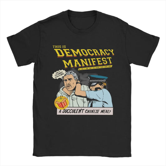 Democracy Manifest graphic t-shirt inspired by an iconic Australian viral moment, vintage style streetwear tee