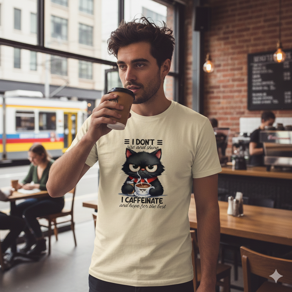 Coffee Loving Cat Print 100% Cotton T-Shirt