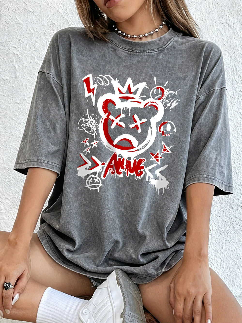 Bear Street Graffiti Prints Washed T Shirts Womens Cotton Oversized T-Shirt O-Neck Comfortable Distressed Tops Summer Clothes