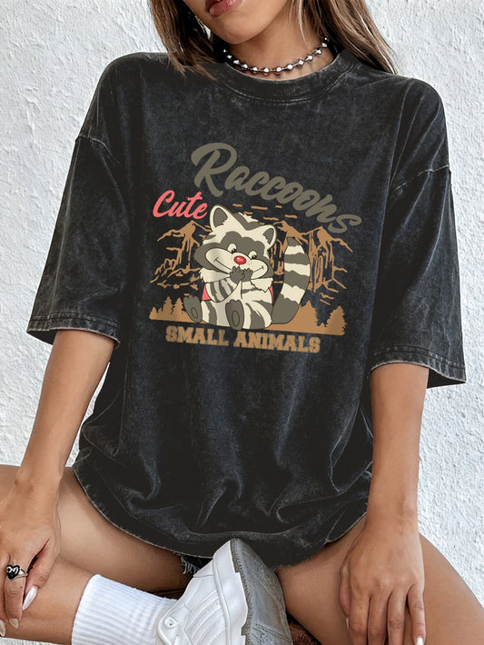 Cute Raccoons Prints Washed T-Shirts Womens Cotton Oversized Tops Distressed O-Neck Comfortable T Shirt Summer Womans Clothes
