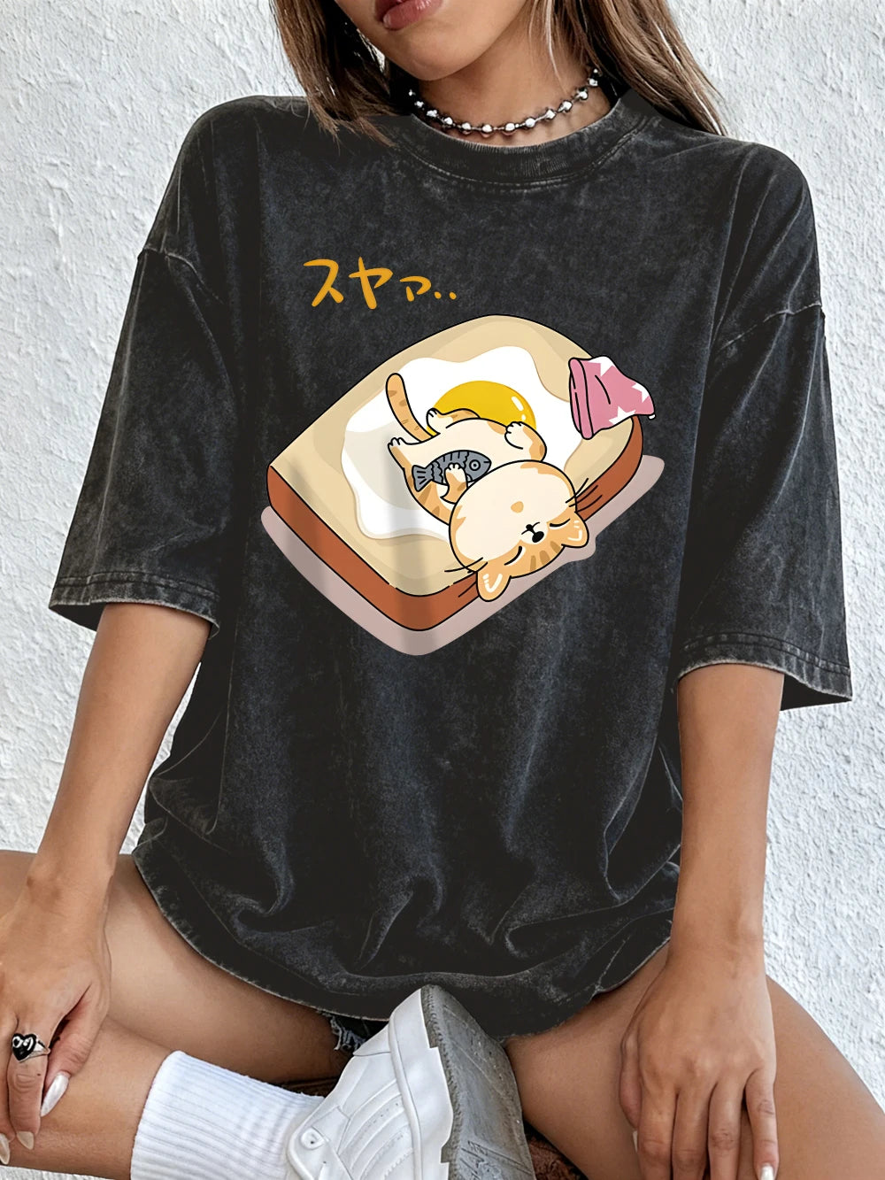 A Cat Sleeping Cotton Washed T-Shirts Womens Summer Oversized Tops Comfortable Distressed O-Neck T Shirt Casual Woman Clothes