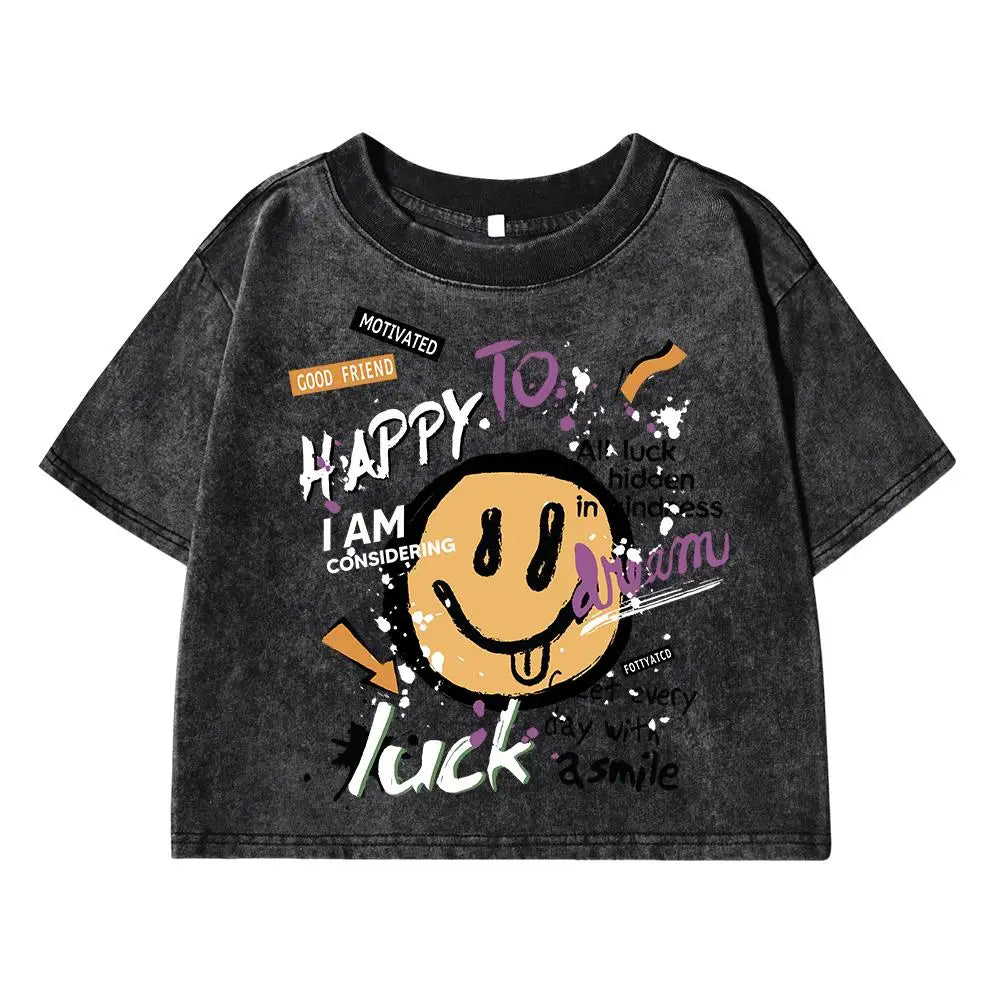Happy To Luck Cartoon Printing Women Washed Shrot Clothes Casual Fashion Tshirts Street Breathable Tee Tops Cool Summer T Shirts
