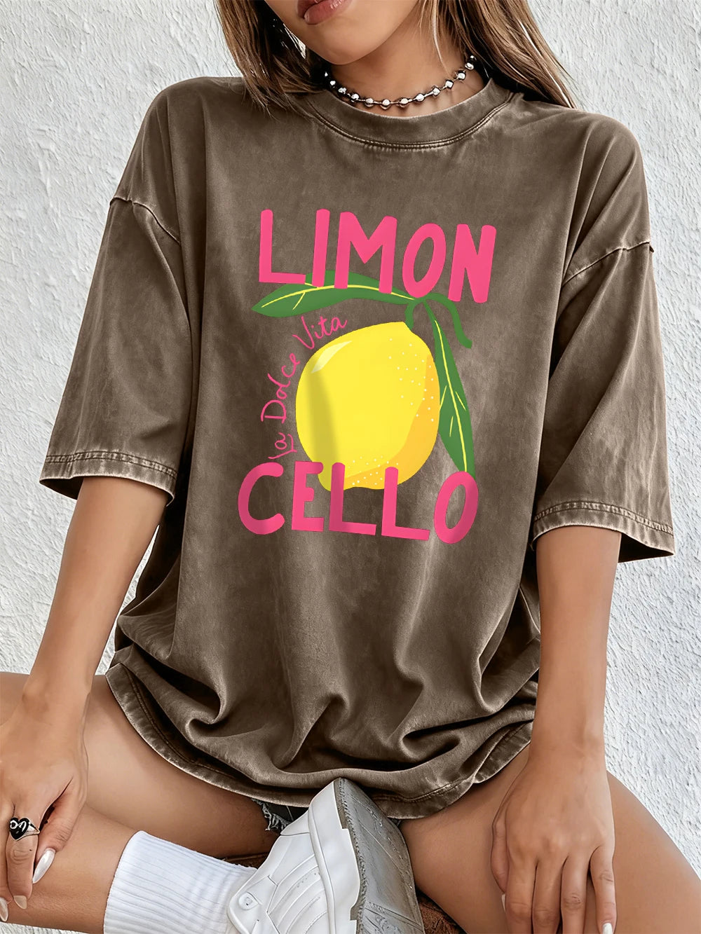 Limon Cello La Dolce Vita Prints Washed T-Shirt Women Cotton Oversize