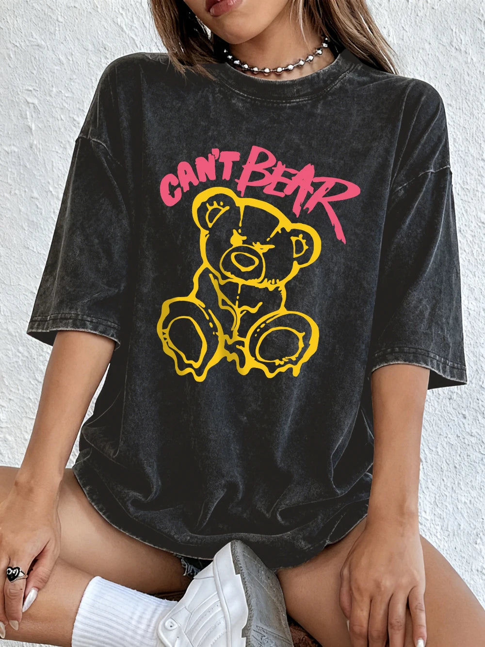 Can'T Bear Cartoons Printing Washed T-Shirts Womens Cotton