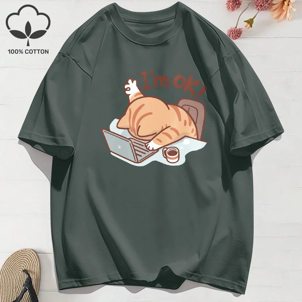 100% Cotton Womens T-Shirts Summer Fun Cat I'M Ok Printing T Shirt Comfortable Soft O-Neck Tops Holiday Casual Womans Clothes