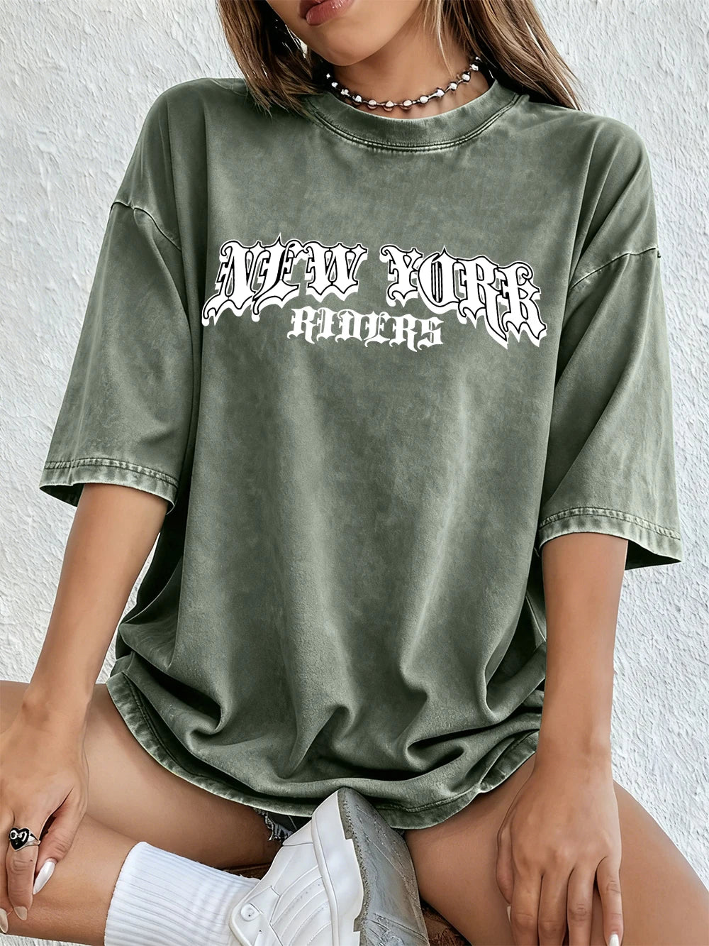 New York City Letter Printed Women's Cotton Washed T-Shirt Oversized