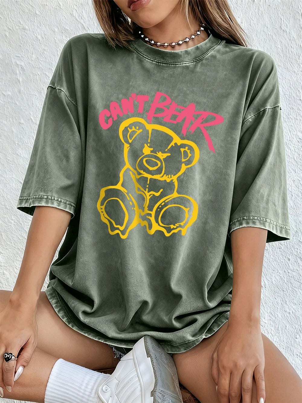 Can'T Bear Cartoons Printing Washed T-Shirts Womens Cotton