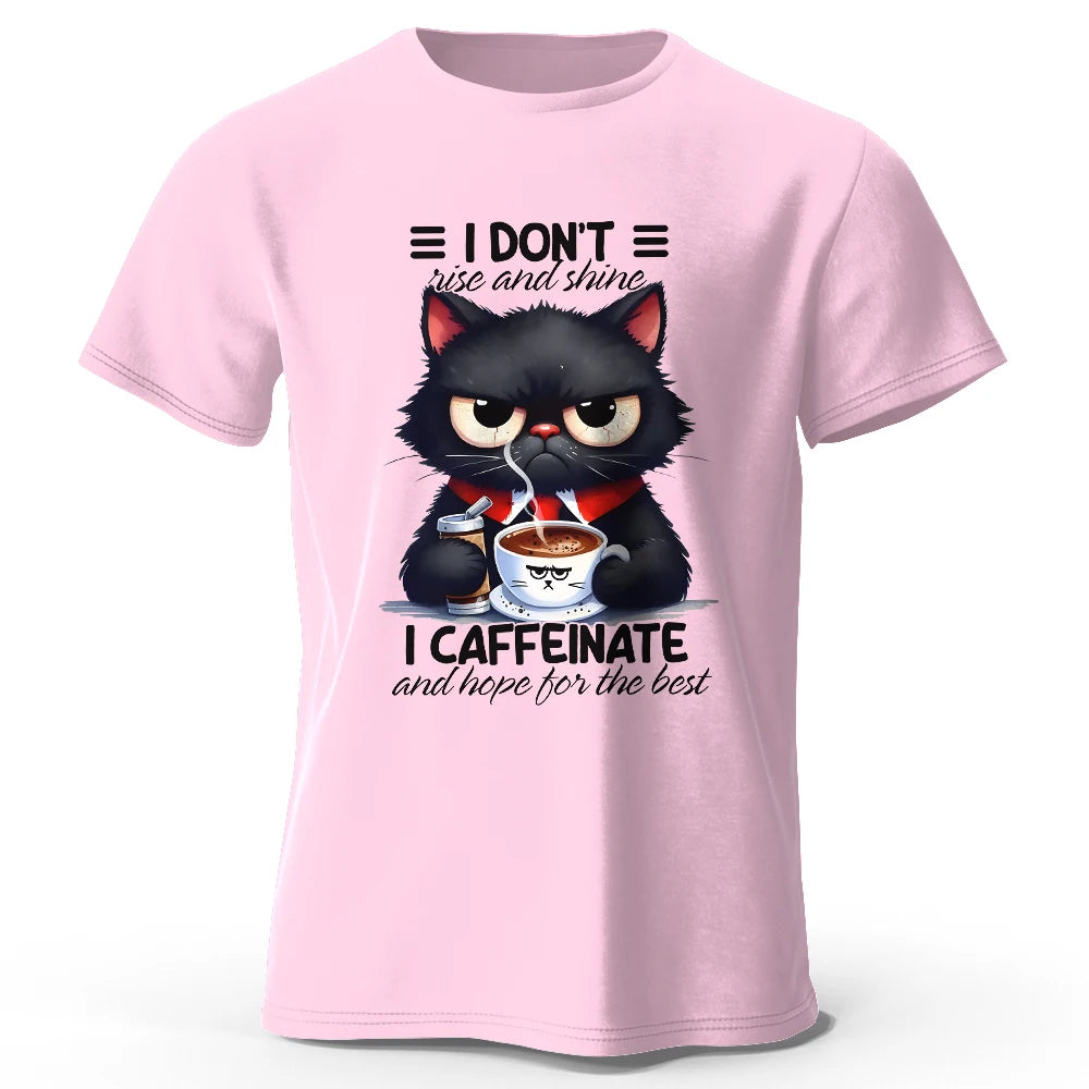Coffee Loving Cat Print 100% Cotton T-Shirt