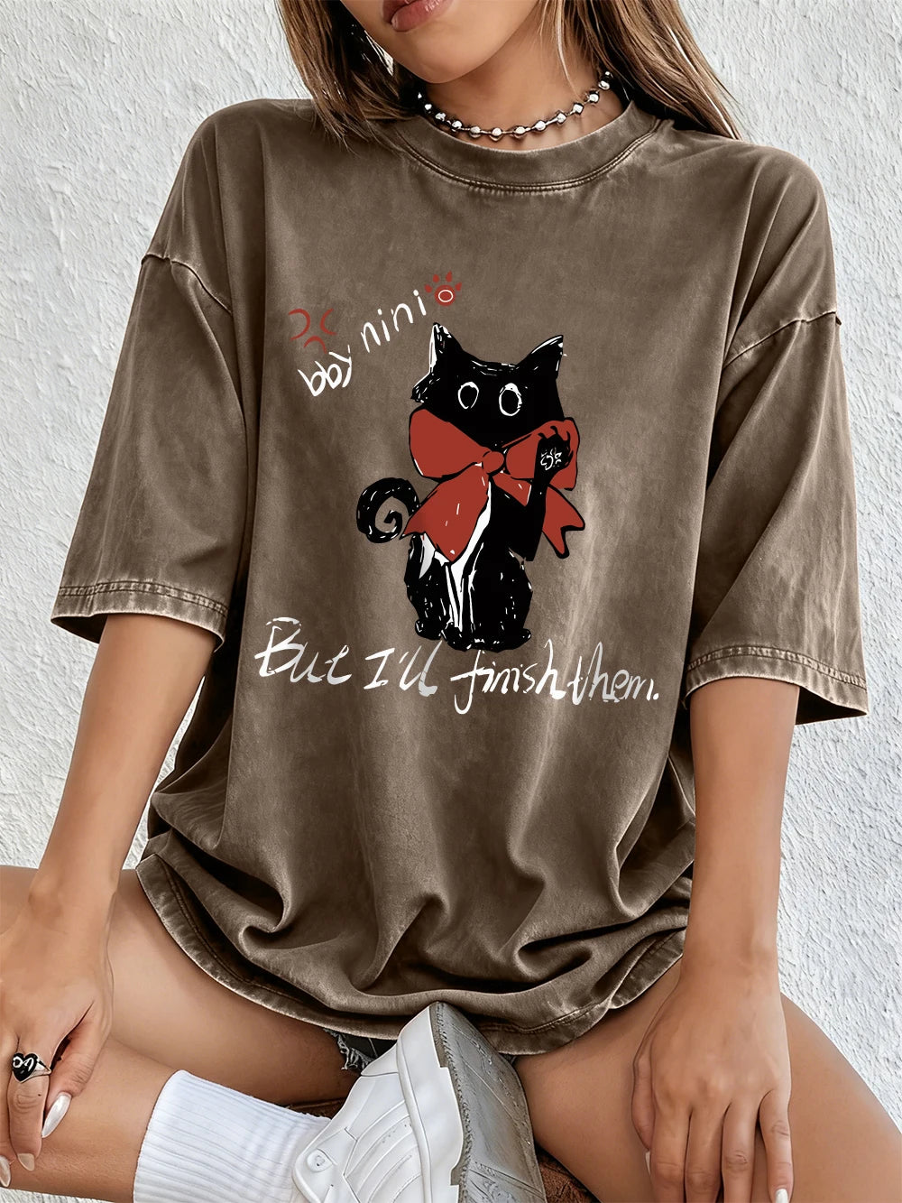 I'll Finish Them Black Cat Women's Cotton Washed T-Shirt Oversized