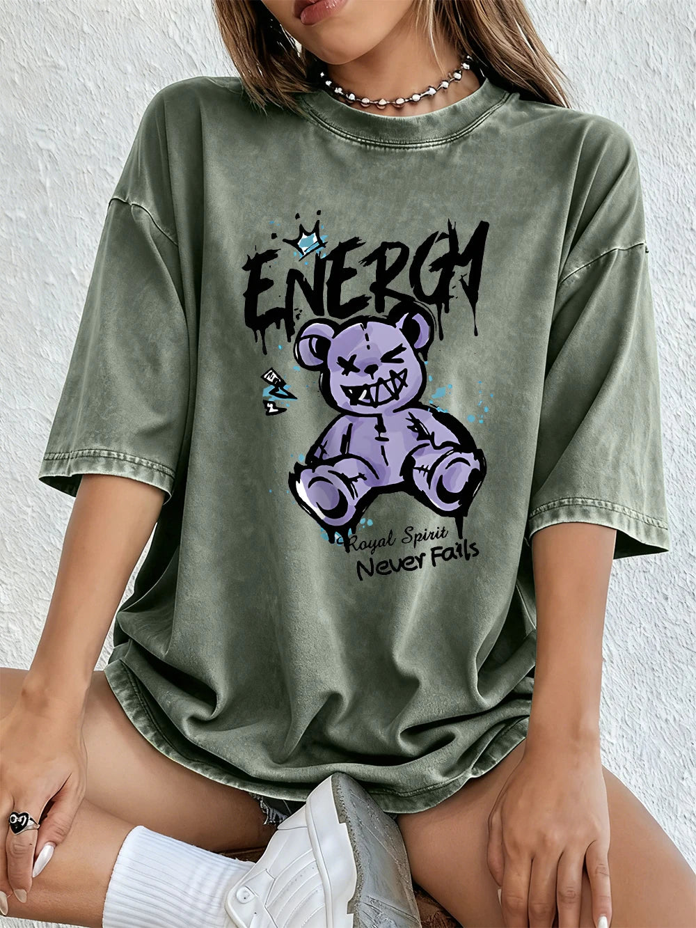 Energy Cute Bear Cotton Washed T-Shirt Womens