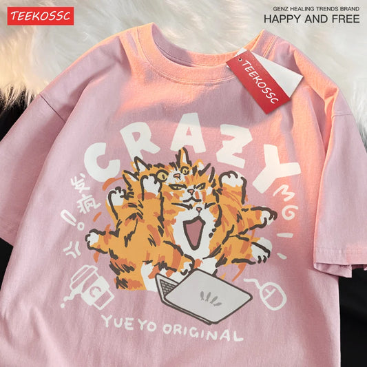 Crazy Orange Cat Light Green Funny Cat Work Shoulder Drop Short Sleeve T-shirt For Women Casual Pure Cotton Loose Fit Tees New