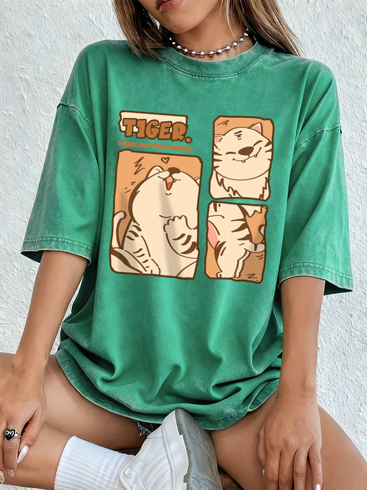Tiger Fierce Animals Women's Oversized Cotton Washed T-Shirt