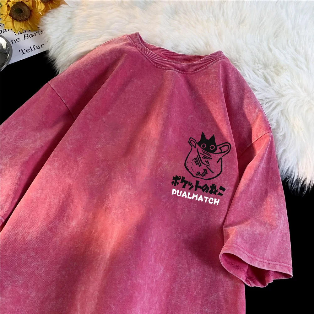 Women Cartoon T-Shirt Vintage Summer Harajuku Kawaii Cat Print Short Sleeve Tees Couple Streetwear Loose Clothes Cotton Tops