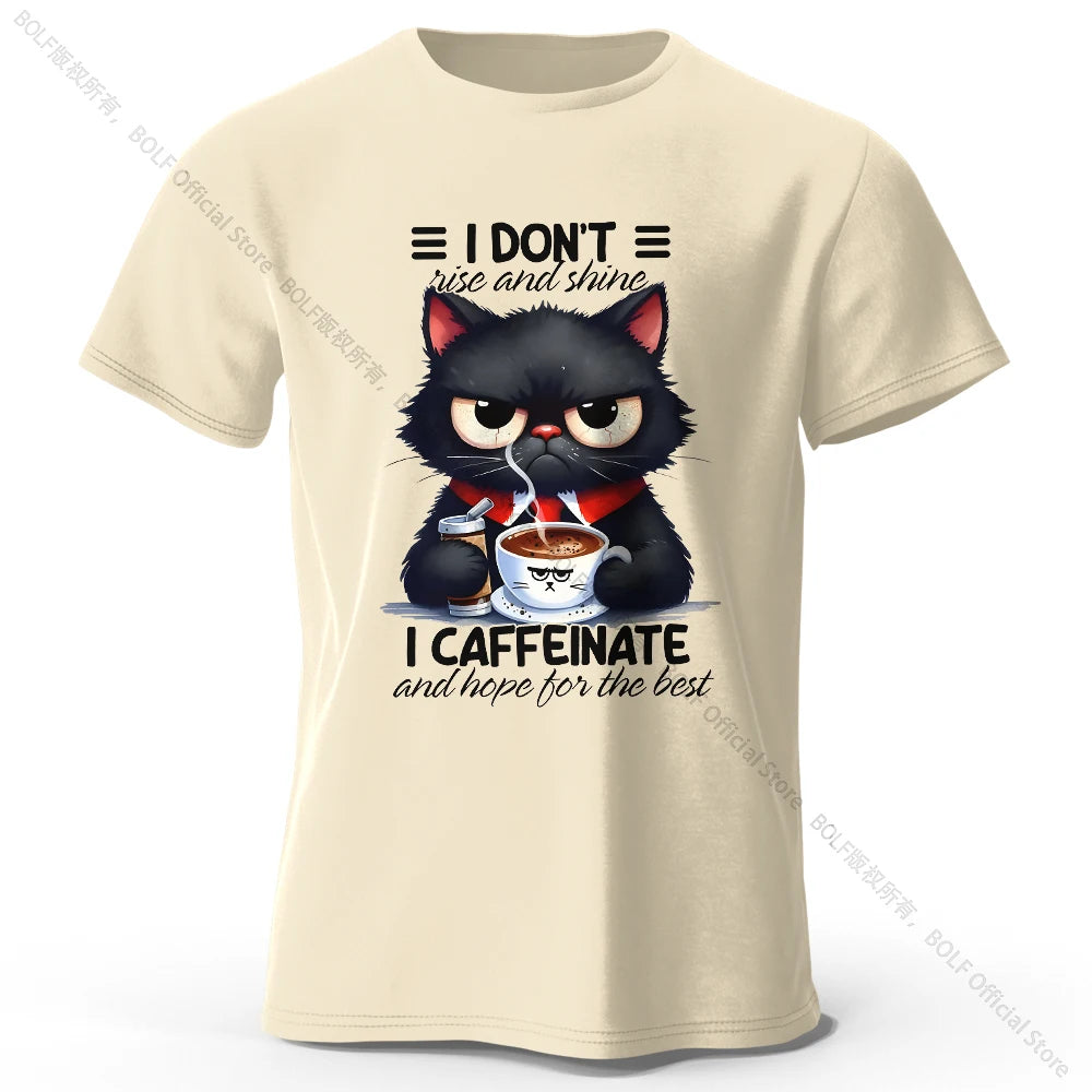 Coffee Loving Cat Print 100% Cotton T-Shirt
