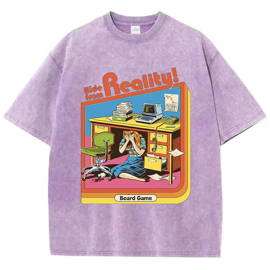 Hide From Reality Printing Female Wash T-Shirt Summer O-Neck T Shirts Distress Hip Hop Clothing Breathable Soft Short Sleeve