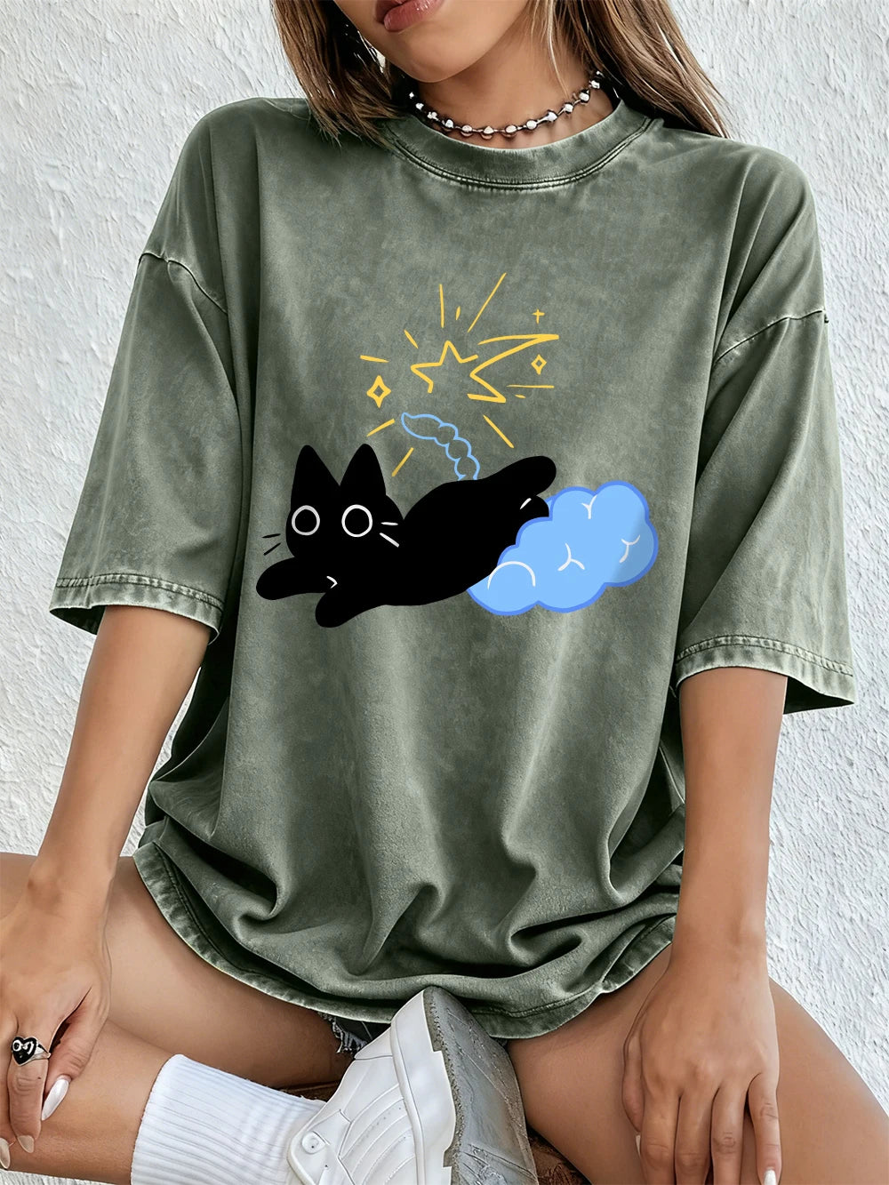 Black Kitten Stepping On Clouds Prints Washed T-Shirt Women Cotton Oversize Tops Summer Distressed O-Neck T Shirt Casual Clothes