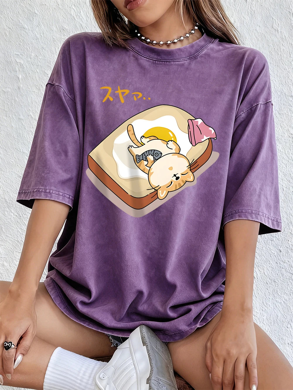 A Cat Sleeping Cotton Washed T-Shirts Womens Summer Oversized Tops Comfortable Distressed O-Neck T Shirt Casual Woman Clothes