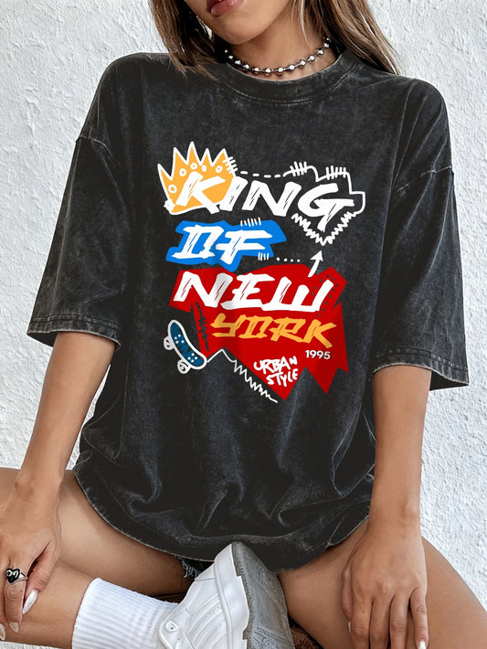 King Of New York Printing Washed T-Shirts Womens Cotton