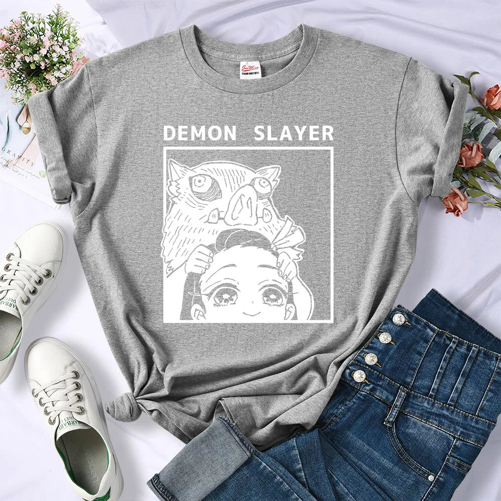 Demon Slayer Kamado Nezuko And Hashibira Inosuke T-Shirts Women Loose New Clothes Harajuku Street Tee Personality O-Neck T Shirt