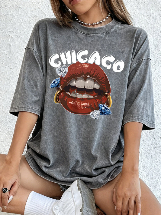 Chicago Creative Diamond Red Lips Women's Cotton Washed T-Shirt