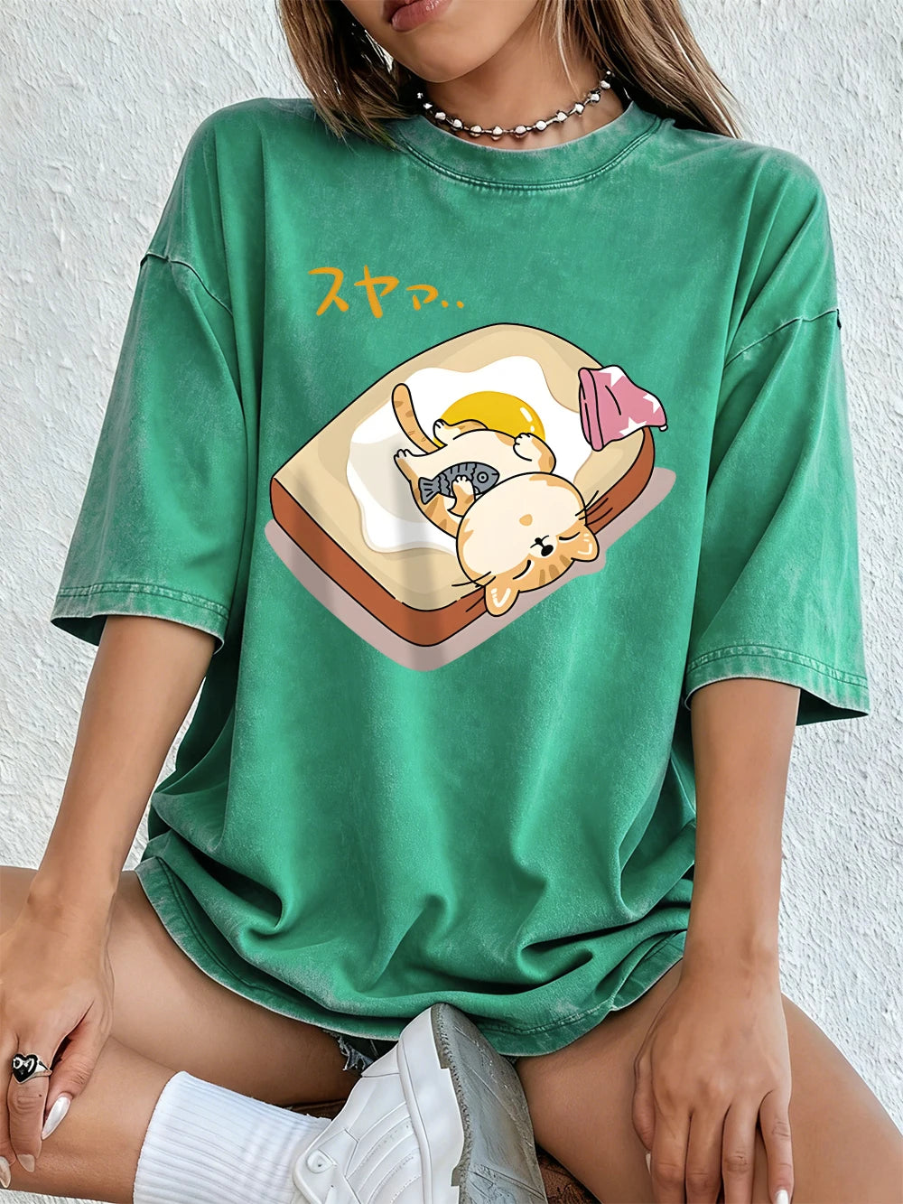 A Cat Sleeping Cotton Washed T-Shirts Womens Summer Oversized Tops Comfortable Distressed O-Neck T Shirt Casual Woman Clothes