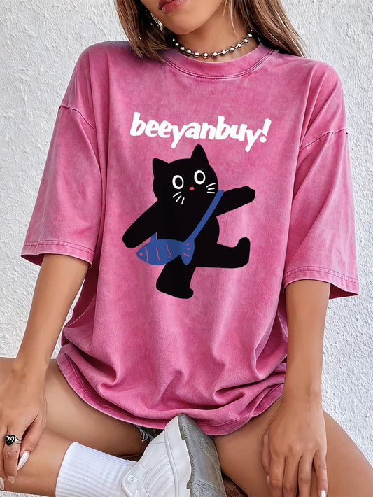 Kawaii Cat Printing Washed T-Shirts Womens Cotton Oversized Tops Comfortable Distressed O-Neck T Shirt Summer Casual Clothes