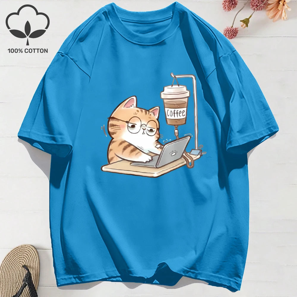 100% Cotton Womens T-Shirts Summer Work Cats That Cannot Do Without Coffee Prints T Shirt Soft Loose O-Neck Tops Basic Clothes
