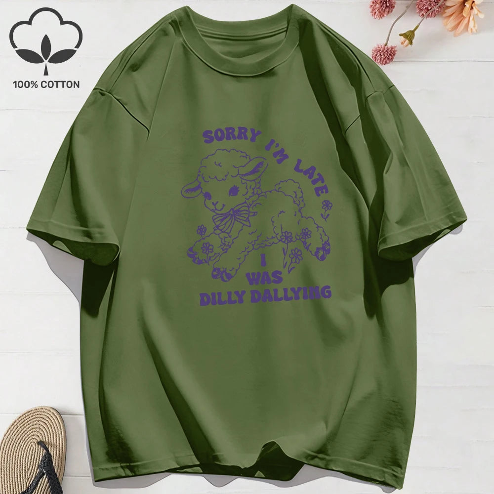 Summer T-Shirts Cotton Women I Was Dilly Dallying Funny Sheep Prints T Shirt Comfortable Loose O-Neck Tops Casual Womans Clothes