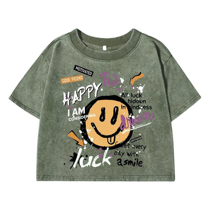 Happy To Luck Cartoon Printing Women Washed Shrot Clothes Casual Fashion Tshirts Street Breathable Tee Tops Cool Summer T Shirts