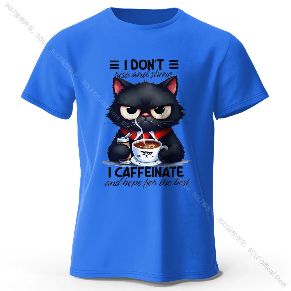 Coffee Loving Cat Print 100% Cotton T-Shirt