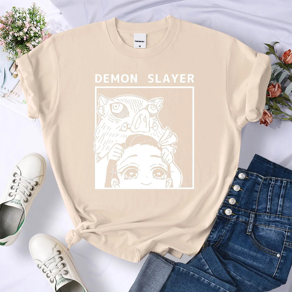 Demon Slayer Kamado Nezuko And Hashibira Inosuke T-Shirts Women Loose New Clothes Harajuku Street Tee Personality O-Neck T Shirt