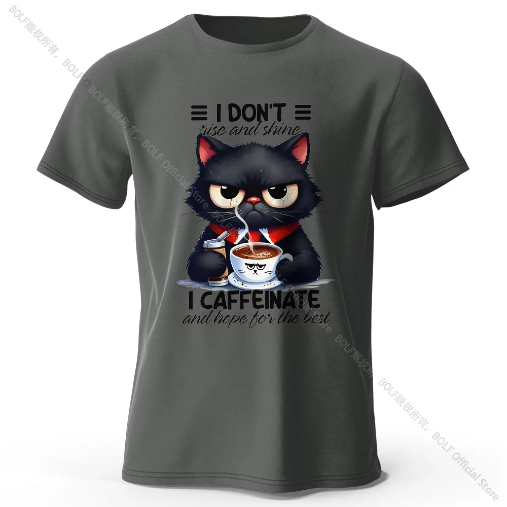 Coffee Loving Cat Print 100% Cotton T-Shirt