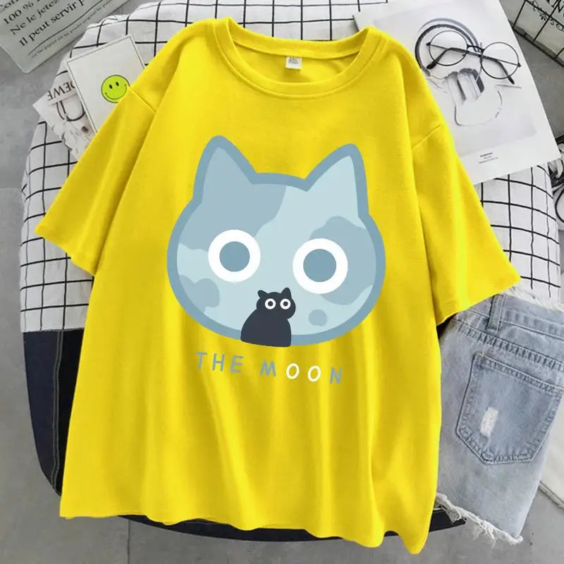 The Moon Cat Funny Print T-Shirt Women Street Summer Oversize Tops Fashion Hip Hop Tee Clothes Breathable Casual T Shirt New