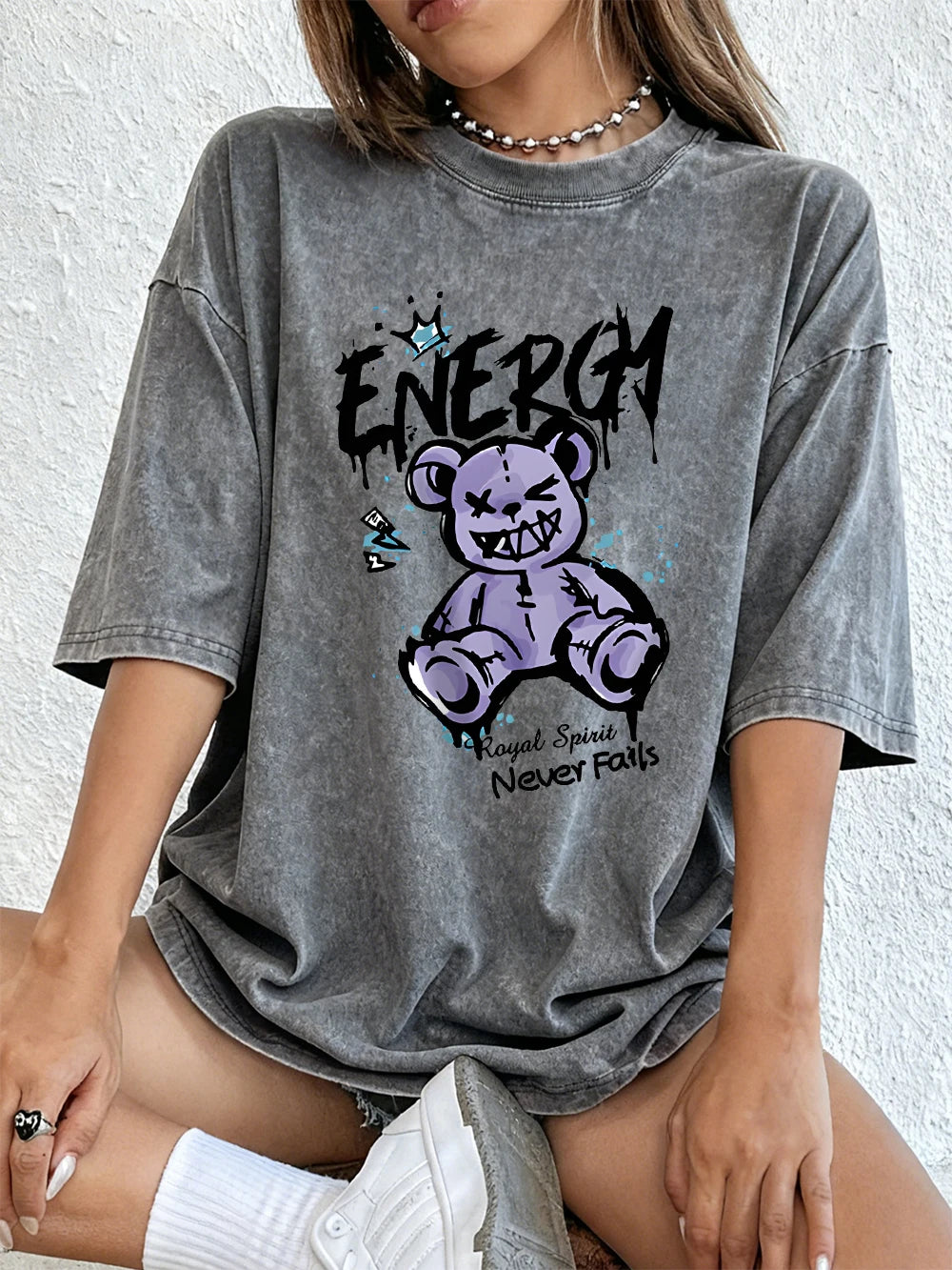 Energy Cute Bear Cotton Washed T-Shirt Womens