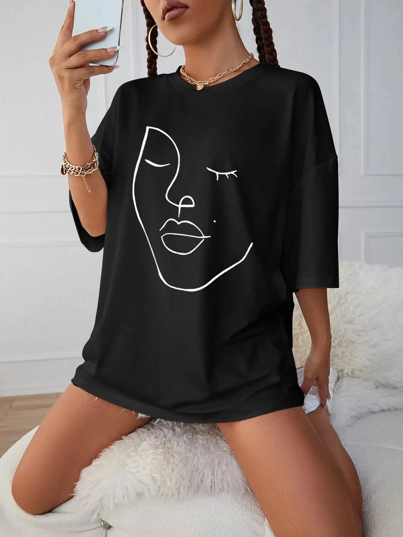 Simple Line Pattern Women's Face Printing tees Cotton Women T-Shirts Casual Soft Short Sleeve Tops Loose Comfortable Clothes