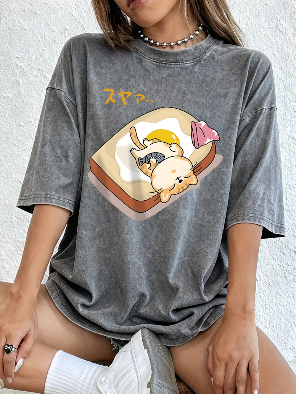 A Cat Sleeping Cotton Washed T-Shirts Womens Summer Oversized Tops Comfortable Distressed O-Neck T Shirt Casual Woman Clothes