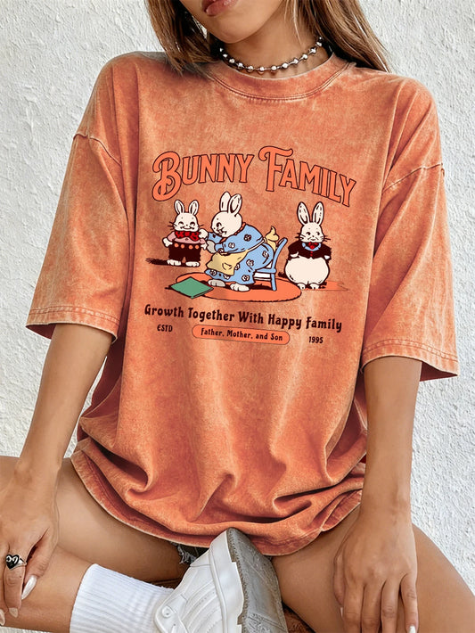 Bunny Family Growth Together Women's Cotton Washed T-Shirt