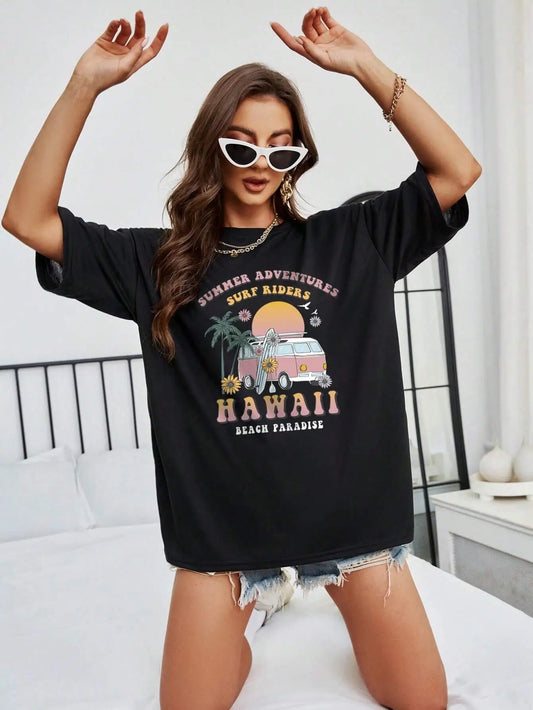 100% Cotton Women T-Shirts Hawaii Summer Adventures Print Tees Casual Soft Short Sleeve Tops Loose Comfortable Street Clothes