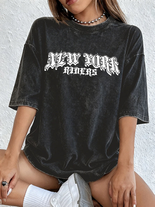 New York City Letter Printed Washed T-Shirts Women Cotton Oversize Tops Comfortable Distressed O-Neck Streetwear Summer Clothes