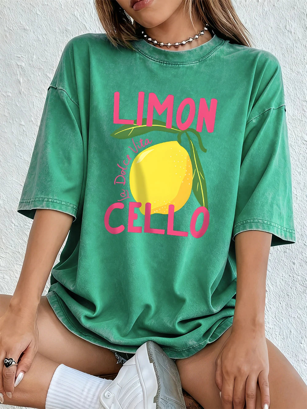 Limon Cello La Dolce Vita Prints Washed T-Shirt Women Cotton Oversize