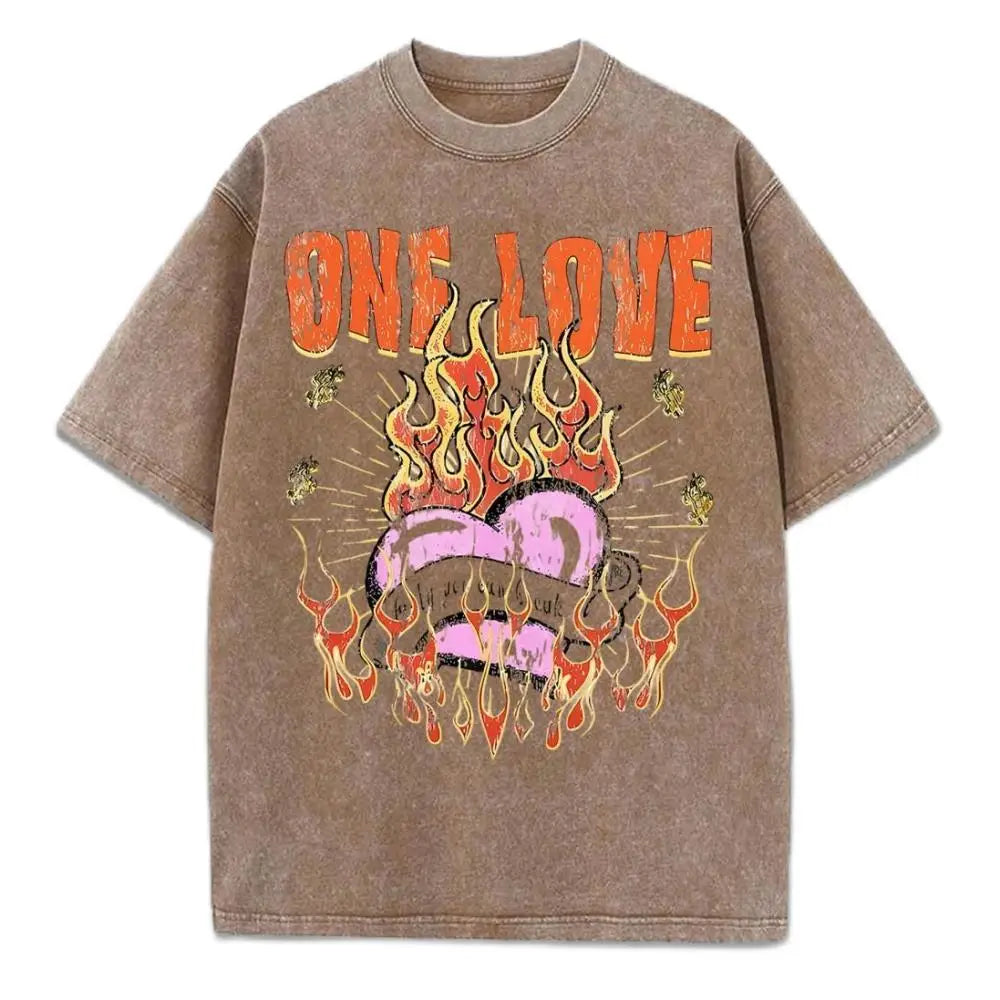 One Love Printing Washed T-Shirt Womens Hip Hop Cotton T Shirts Crewneck Oversized Acid Wash Tops Summer Casual Womans Clothes
