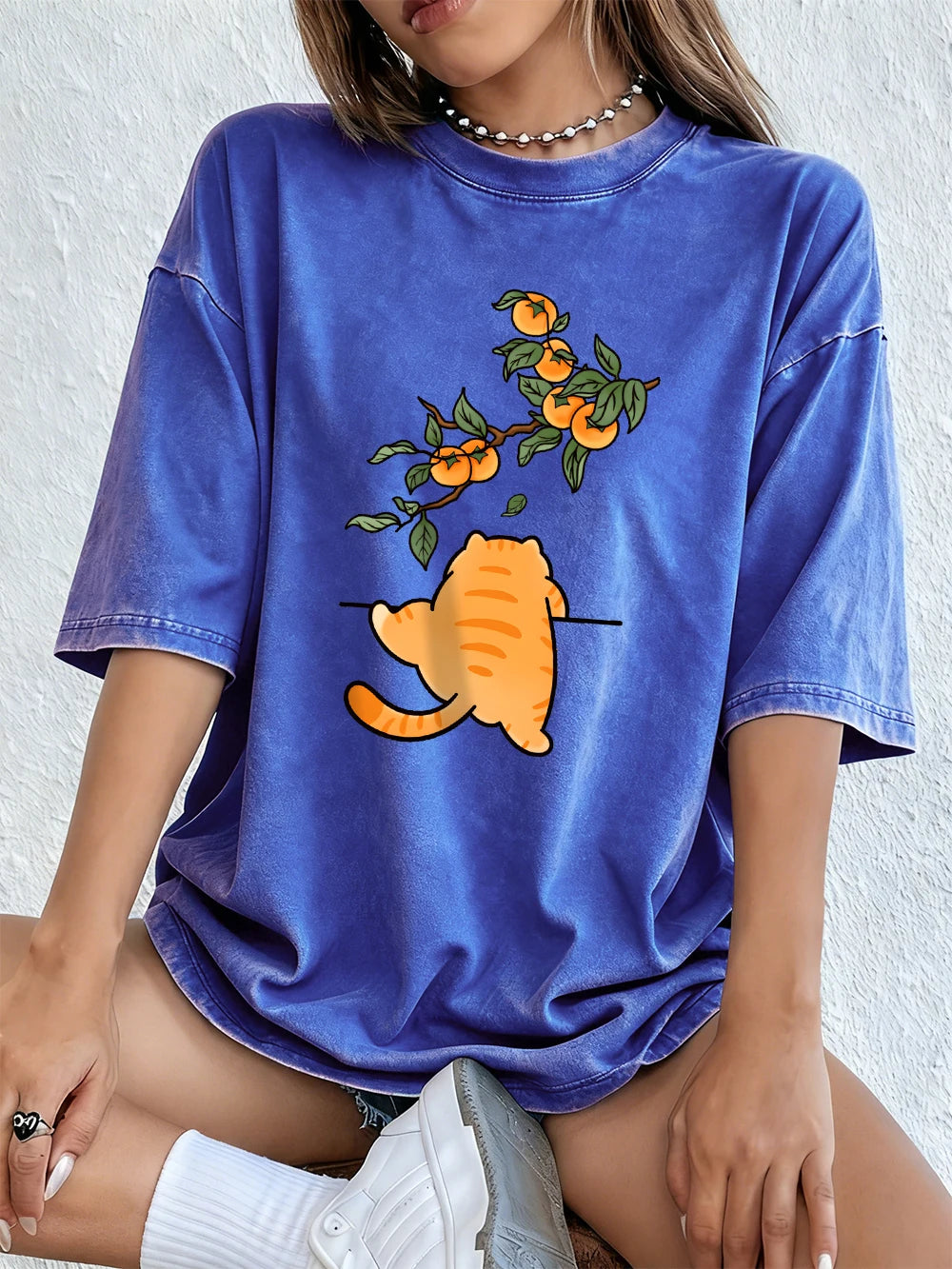 A Cat Climbing The Wall Cotton Washed T-Shirt Women Summer Oversized Tops Street Distressed O-Neck T Shirt Casual Woman Clothes