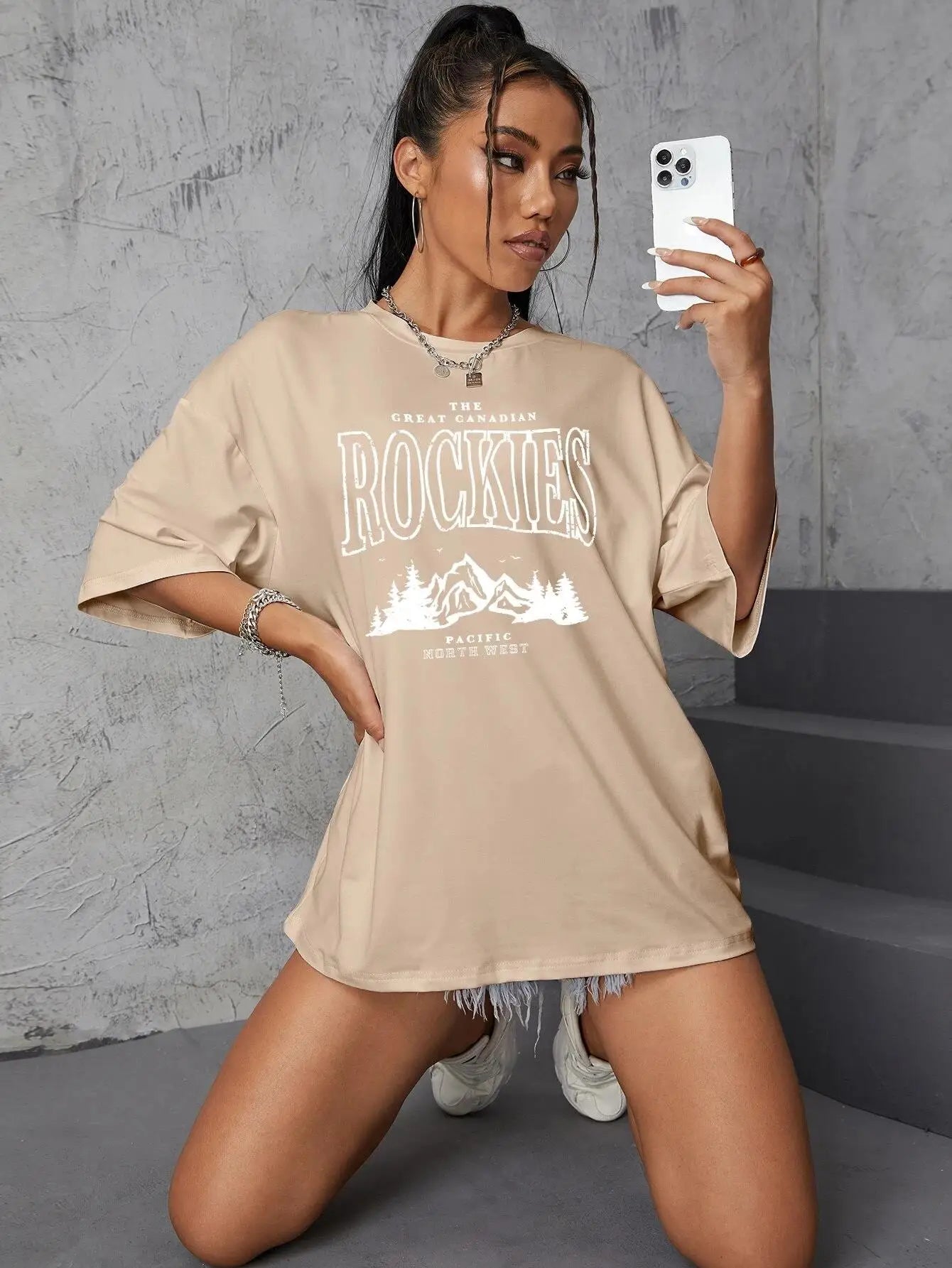 Rockies Letter Printed Tops Cotton T-Shirts For Womens Fashion Casual Soft Short Sleeve Loose Tees Comfortable Street Clothes